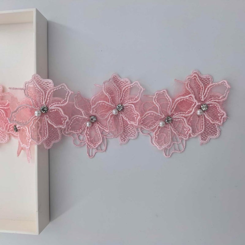 Buysk 2 Yards 3D Pearl Beads Flower Lace Trim Ribbon Floral Applique Embroidered Lace Fabric for Sewing DIY Crafts (Pink) - Image 5